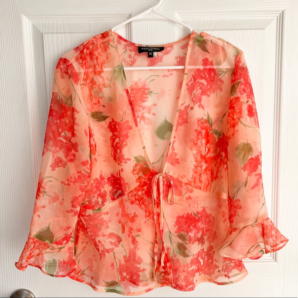 Vintage 🌸 Size 12 (M-L) Sheer Pink and Green Floral Blouse, Statement Sleeve